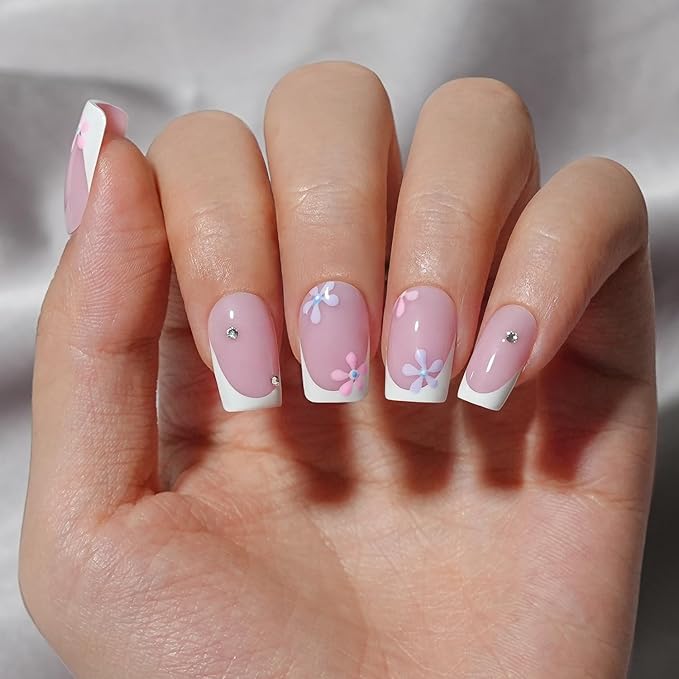 French Gel Nail Tips - Jofay Fashion Short French Tip Press on Nails, 10-Piece Set 320Pcs Pink Square Nail Tips, Pre-applied Tip Primer & Base Coat, No Need to File Fake Nails for Nail Art, 16 Sizes