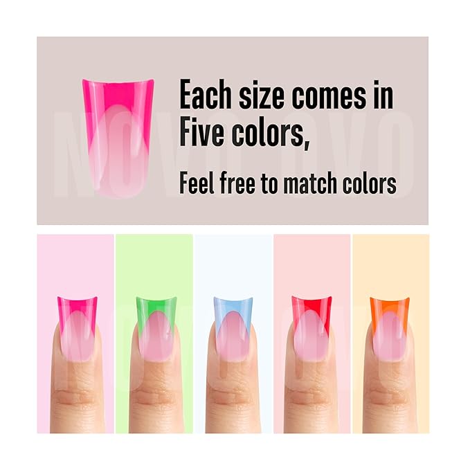 NOVO OVO French Tip Short Duck Nail Tips Press On 5 MIXED COLOR, Pre-designed Soft Gel Nail Extension, Pre-applied Tip Primer & Base Coat, Full Cover Acrylic False Nails for DIY x 12 Sizes 240 pcs