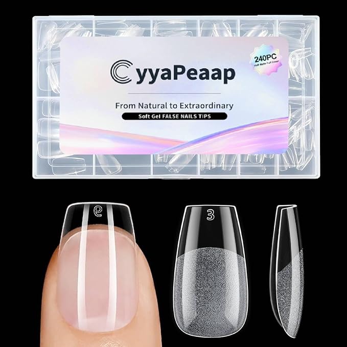 Short Coffin Nail Tips - 12 Sizes 240Pcs Pre-Etched Soft Gel Full Cover Soft Tips Half Matte False Nails Clear Acrylic Press on Fake Nails Gelly Extension DIY Manicure Gifts