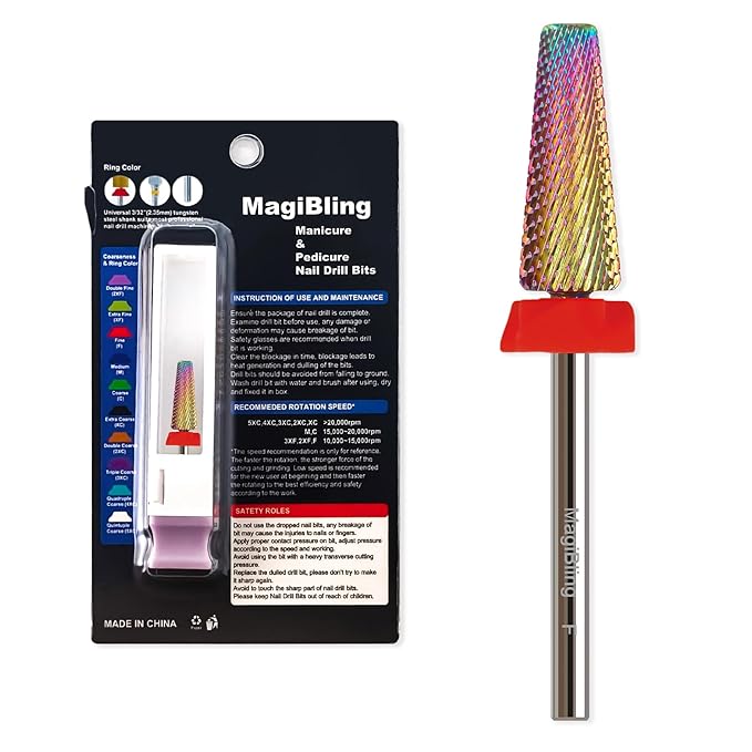 F 5 in 1 Nail Drill Bits, 16mm Tapered 3/32'' Professional Tungsten Carbide Bit for Efile, 2 Rotation for Electric Drill, Remove Thick Thin Gel, Manicure Cuticle Gel Polishing, Nail Techs Bit, Fine