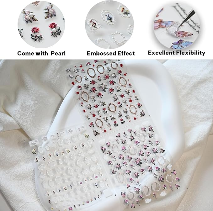 Rose Flower Frame Nail Art Stickers Pearl Rhinestones Embossed Vintage Nail Decals for Nail Art Design Self-Adhesive Nail Accessories for Women Nail Art Supplies 3 Sheets