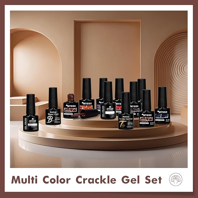 MTSSII 12pc Crackle Gel Nail Polish Set - 8 Colors, Amazing Crackle Effect, Long-lasting, UV LED Lamp Needed