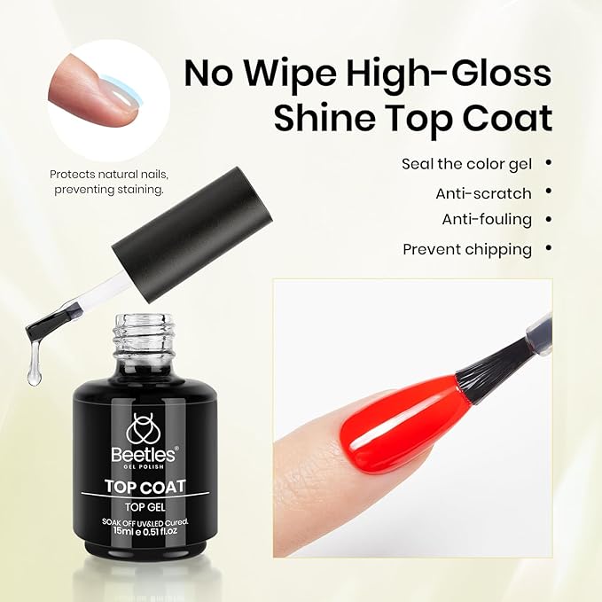 Beetles Gel Base and Top Coat & Cuticle Oil Set, 3Pcs 15ml Cuticle Protectors Kit No Wipe Glossy Shine Long Lasting Oil Care for Dry Damaged Cuticles Gifts for Women