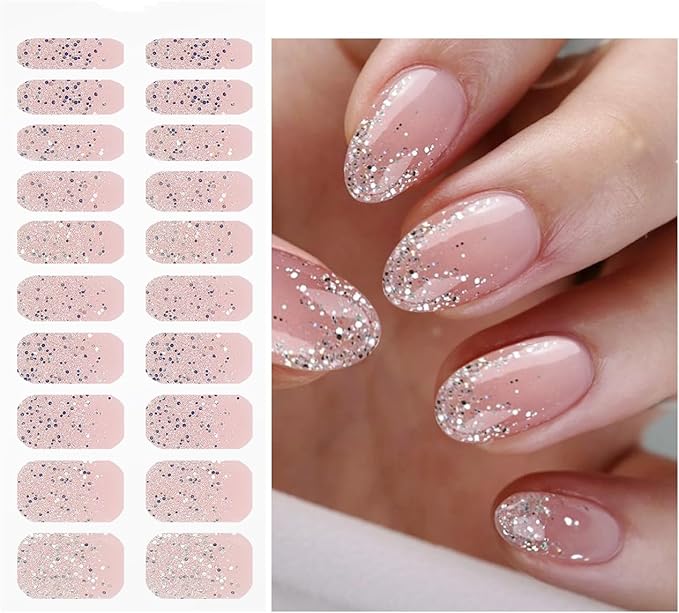 JMEOWIO Gel Nail Stickers Glitter Light Pink Cured Gel Nail Strips Wraps UV/LED Nails Art Design Decoration Accessories
