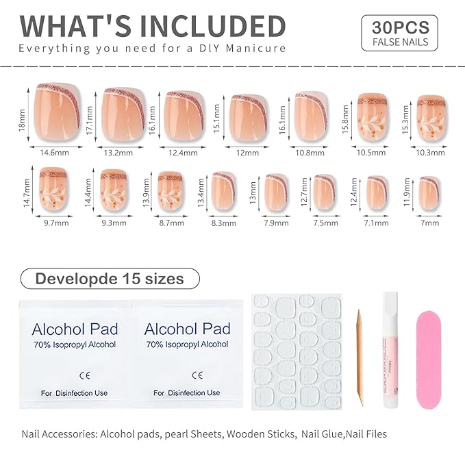 French Press On Nails Short Square, Nude Fake Nails with White French Tip and Elegant Purple & Gold Line Design, Glossy Gel Finish Acrylic Nails Kit for Women, Reusable Glue-On Nails Set, 24Pcs