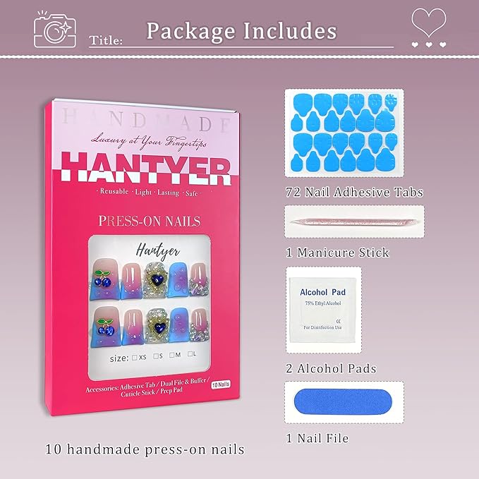 10pcs Blue French Tip Press on Nails with Tools Kit, Short Duckbill Glossy Nails, Rhinestones & Heart with 3D Water Droplet Carvings, Sweet Edge Style for Parties & Special Events (Size M)