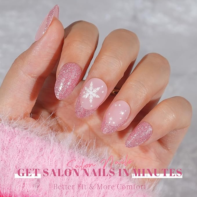 Press On Nails Almond - Jofay Fashion Pink Snowflake Glitter Press On Nails, Glossy Acrylic Fake Nails with Glue for Women, Reusable Winter Glue On Nails in 16 Sizes - 32 Stick On Nails Kit
