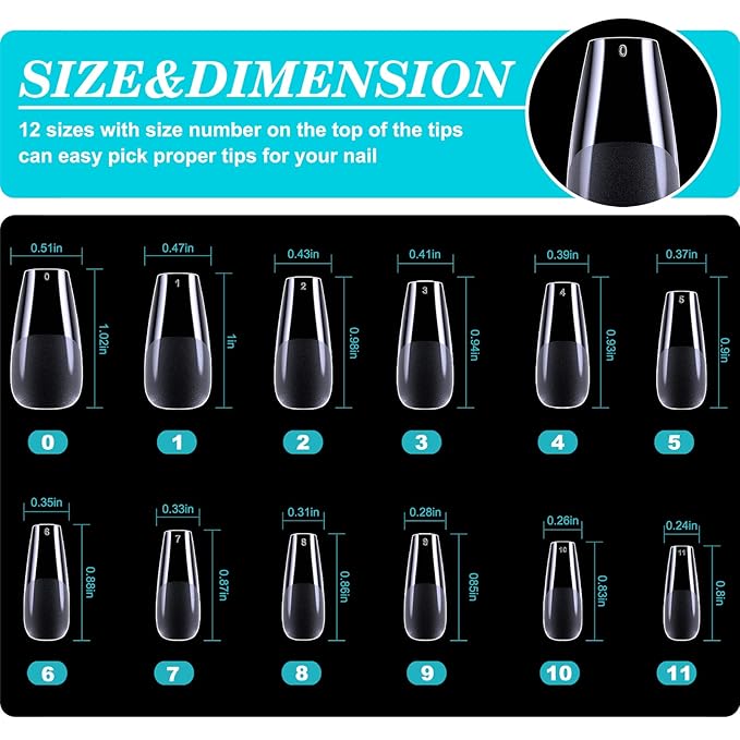 Medium Coffin Nail Tips, 552pcs Pre-Shape Fake Nails Half Matte Full Cover Acrylic Gel Nail Tips Clear Medium Coffin Press On Nails Home DIY Extension 12 Sizes