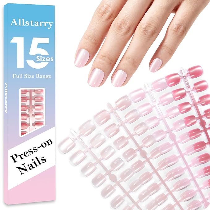 Allstarry Cat Eye Press on Nails, 15 Full Sizes Range Pink Rude Cat Eye Nails Press Ons 4 Colors Cateye Presson Nail for Women 120pcs Glossy Short Square Fake Nail Tips Stick DIY Salon