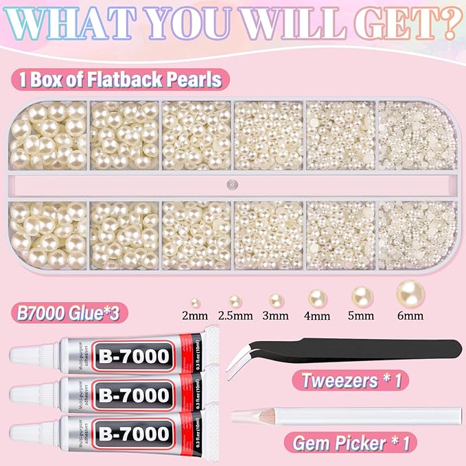 Flatback Pearls for Crafting with 3Pcs 10ml B7000 Jewelry Glue, 1 Box of Half Round Beige Pearls, Bedazzling Beads for DIY Crafts Clothing Tumblers Shoes Embellishment Nail Art
