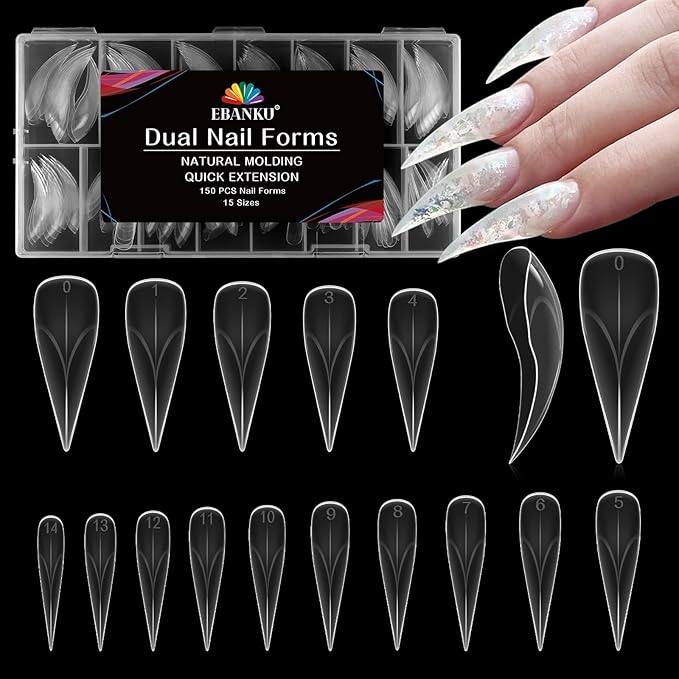 EBANKU Dual Nail Forms for Poly Extension Gel, 150 PCS Clear Eagle Claw Nail Molds Reusable 15 Sizes Hawk Curve Nail Extension Forms for Builder Gel Manicure Design Salon DIY