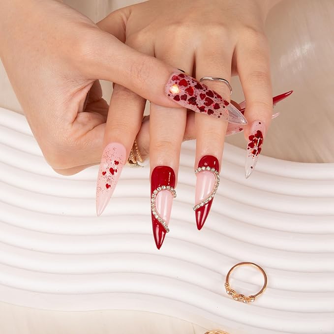 LOVFUL Press on Nails Valentine's Day Exclusive | Handmade with Full Covered Crystals | Reusable Full Cover Nails | Stiletto Mid Length 1.7 in | H154-L