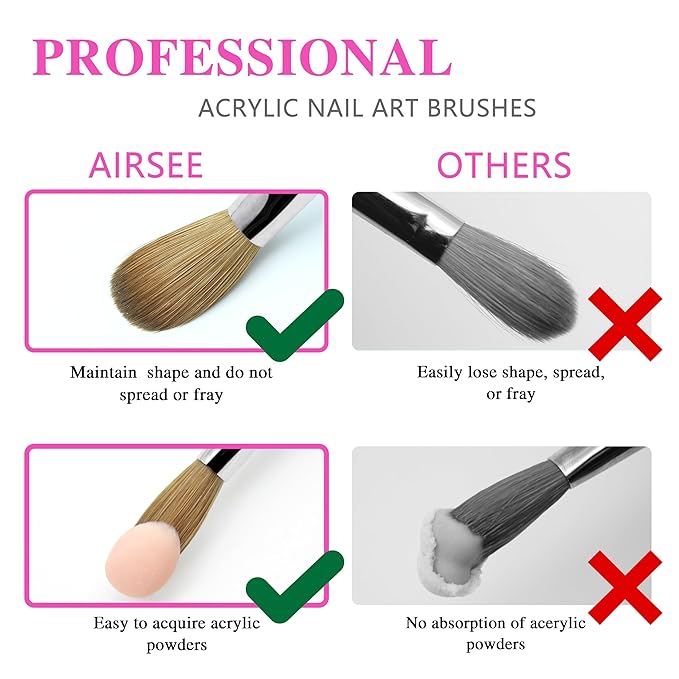 100% Kolinsky Hair Acrylic Nail Brush for Acrylic Powder- Flat Shape Rose red Handle With Cap Professional Manicure Pedicure (#10)