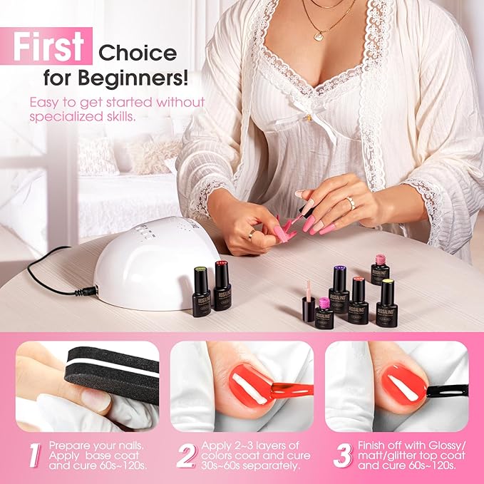 ROSALIND 30PCS Gel Nail Polish Set with Base Glossy Matte and Glitter Top Coat Gel Polish, Pink Green Hot Pink Gel Nail Set Soak Off Gel Polish Set