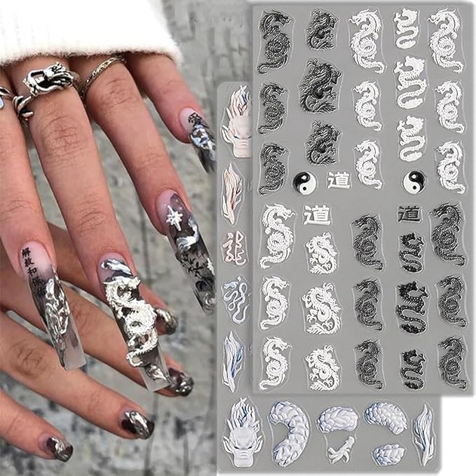 5D Embossed Dragon Nail Art Stickers for Designs - Black White Chinese Dragons Decals for Women - Manicure Supplies for Nails Decor
