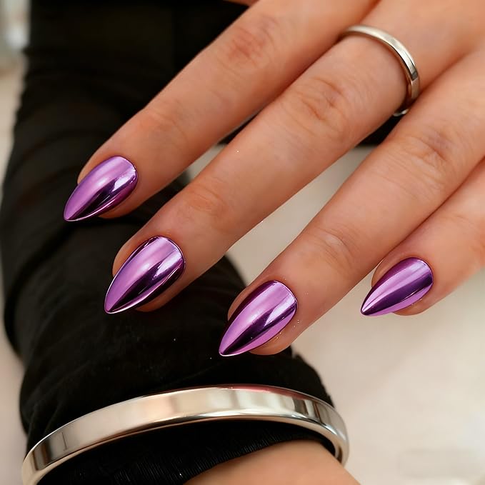Chrome Press on Nails Short Almond, Metallic Purple Fake Nails with a Sparkle Mirror Finish, Glitter Glue on Nails for Women Birthday Party, Thick Quality Soft Gel Nail Press ons 30 Pcs