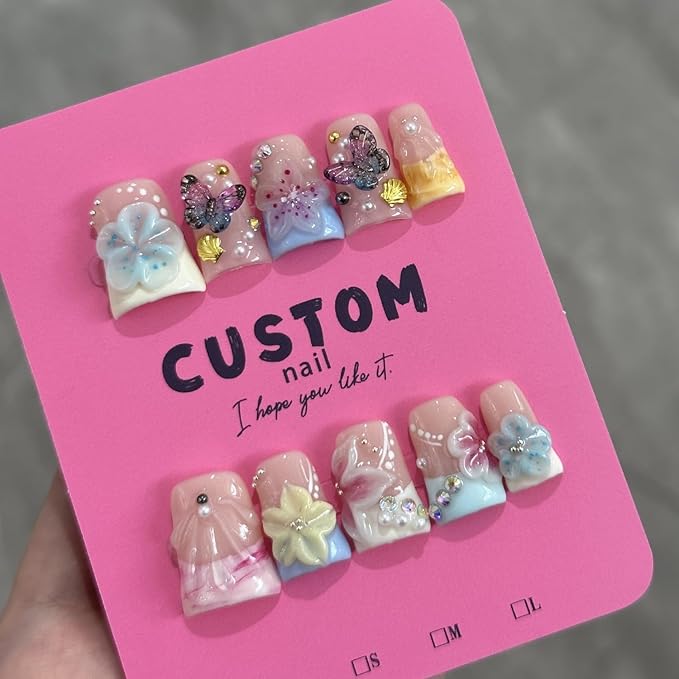 Handmade Press on Nails Butterfly Press on Nails Short Duck Shaped Fake Nails Pearl Colorful Acrylic Nails Full Cover Reusable Flower False Nails for Women Girls Nail Accessories (Size M)