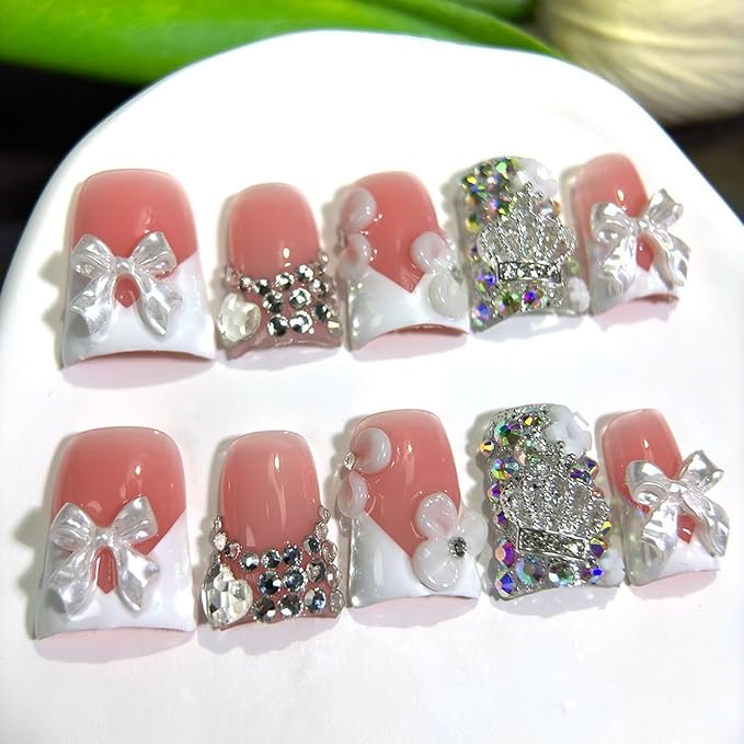 Handmade Press on Nails Rhinestones and Bow Press on Nails Short Duck Shaped Fake Nail White French Acrylic Nails Full Cover Reusable Flower False Nail for Women Girls Nail Accessories (Size S)