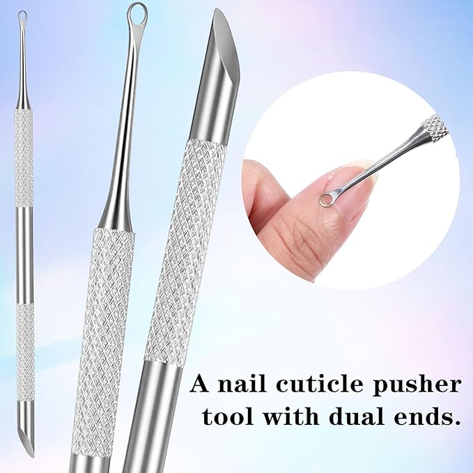 Dual Ended Cuticle Pusher, Stainless Steel Cuticle Remover Tool Pre-treatment Cuticle Scraper with 5 Pcs Sandpaper Sheets for Home Salon Manicure Pedicure Nail Art Dead Skin Removing