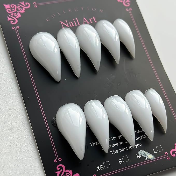 Luxury Press on Nails Medium Stiletto Handmade Eagle Claw Unique Reusable ABS Material White Fake Nails Cat Claw False Nails with Solid Colour Designs Glossy Glue on Nail Curved Thick Acrylic Nail(M)