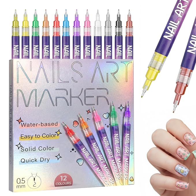 12 Colors Nail Art Pens Set, Acrylic Nail Polish Pens with 0.5mm Fine Tip, Quick-Drying & Waterproof Nail Art Pens for DIY Nail Designs, Home & Salon Use