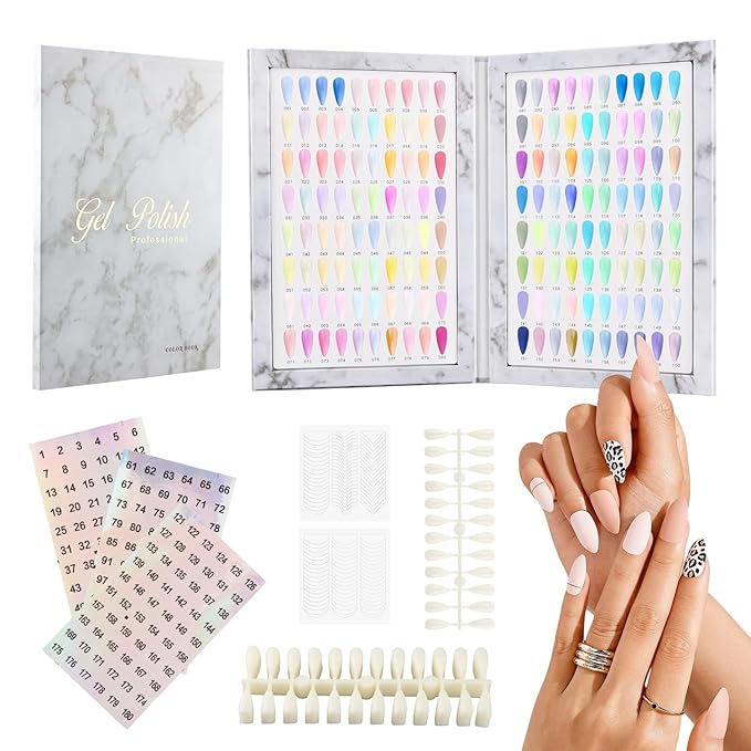 160 Nail Color Book with 240 Flase Tips & 1-200 Number Sticker Labels, Professional Nail Color Chart Display Book Sample for Nail-Gel-Polish