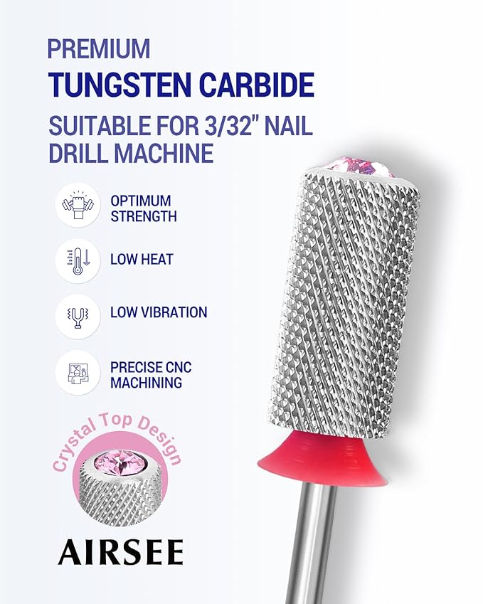 AIRSEE Tungsten Carbide Acrylic Nail Drill Bit Efile Electric File Machine Head Tip for Manicure Polishing Art Remove Gel 3/32" 2 Way Beginner Safety Pink Crystal Top Barrel Fine-F