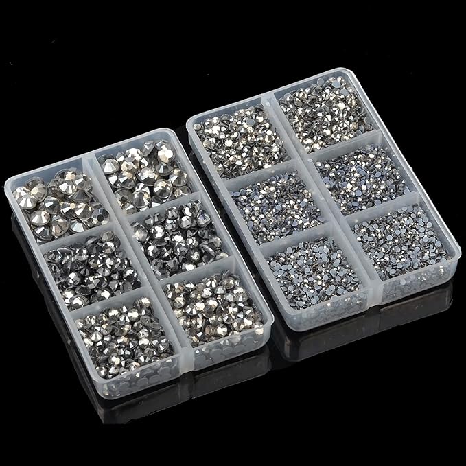 10000Pcs 2-Boxes Mixed Size Hot Fix Round Crystals Gems Glass Stones Hotfix Flat Back Rhinestones with Tweezers and Picking Pencil (Black Diamond)