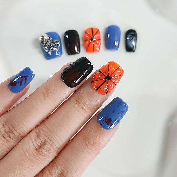 Halloween Press on Nails Short Square Handmade Acrylic Nails 3D Thick Fake Nails with Pumpkin Spider Web Skull Designs Gothic Sturdy Art False Press on Nail 10Pcs(S)