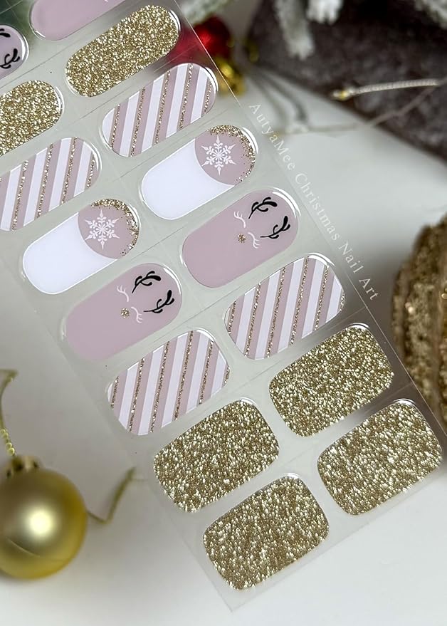 Semi Cured Gel Nail Strips (Reindeer), Christmas Gold Glitter, 20 Pcs Gel Nail Wraps, Stickers, Snowflake, Long Lasting, Works with Any UV Lamps