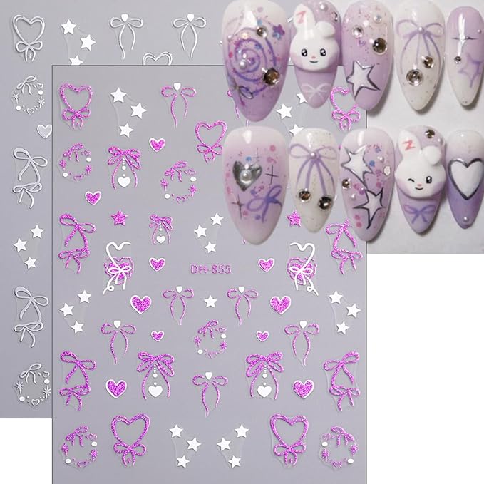 8Sheets Valentines Nail Art Stickers Gold Silver Purple Red Bow Nail Decals 3D Self-Adhesive Colorful Bow Nail Stickers Star Love Heart Sticker Design Cute Nail Supplies Accessories for Women Manicure