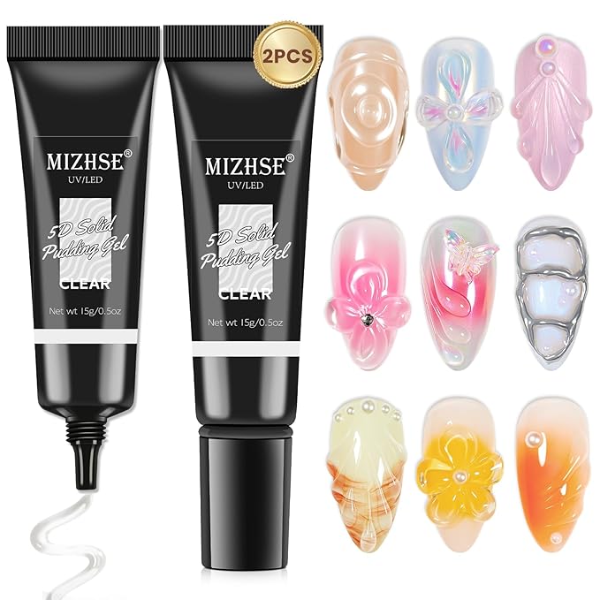 MIZHSE 3D Gel Nail Art, 2 Pcs 15g Clear Sculpting Gel Glue for Molding, Drawing, Charms & Gems, Chrome Powder, Rhinestone Design, No Wipe Nail Polish for DIY Nail Art