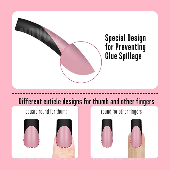 NOVO OVO Halloween Black French Tip Nail Tips Slightly Curved Medium BERRY PINK Full Cover for Press on Acrylic, Extra Thick M Soft Gel False Nail, need Builder Gel Top Coat, for DIY 15 Sizes 240 pcs