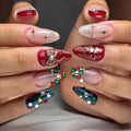 Christmas Press on Nails Medium Almond MABKJLF French Tip Fake Nails False Nails with Bow Rhinestones Glitter Designs Glossy Glue on Nail Winter Full Cover Acrylic Nails for Women Girls 24Pcs