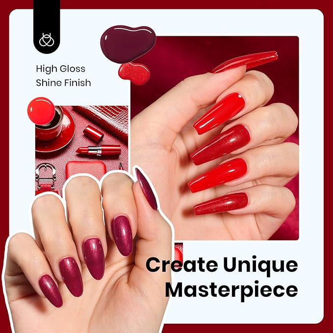 Beetles Red Gel Nail Polish Set-15ML 6 Colors Shimmer Bloody Red Burgundy Gel Polish Kit Soak Off UV Full Size Nail Art Salon Design DIY Gift for Women Colorful Bottle