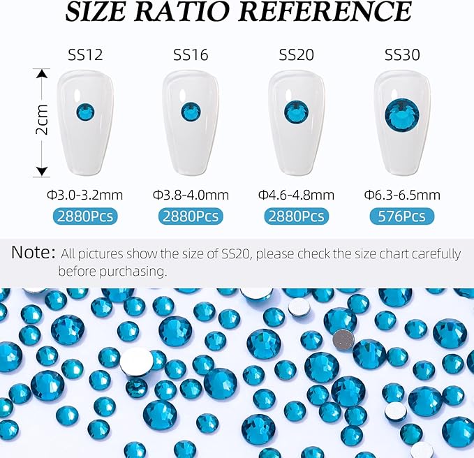 Malachite Blue Flatback Rhinestones, Glass Rhinestones for Nail Art and Craft, Glue Fix, Loose Crystal Gemstones(Malachite Blue, SS20, 2880pcs, 4.6-4.8mm)
