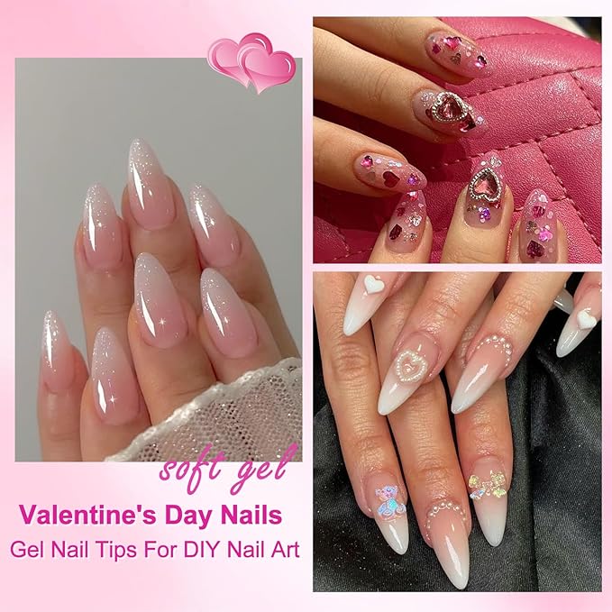 KXAMELIE Glitter Ombre Pink Press on Nails Medium Length,Gradient French Glue on Nails Almond Nails Press on,Natural Stick on Nails for Women,Reusable Stiletto Nails Acrylic,Short Almond Nails Set