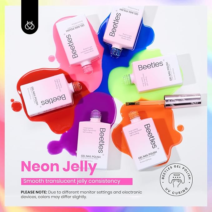 Beetles Jelly Gel Nail Polish Set, 6 Colors Hema Free Summer Neon Gel Polish Yellow Pink Red Blue Purple Orange 15ML Full Size Sheer Translucent Effect Soak Off UV Colorful Bottle Gel Gift for Women