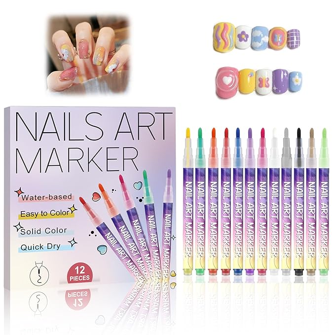 12 Colors Nail Art Pens Set, 0.7MM Quick-dry Nail Art Markers, Multi Purpose Acrylic Paint Pens Kit for Drawing & Home Salon Nail DIY