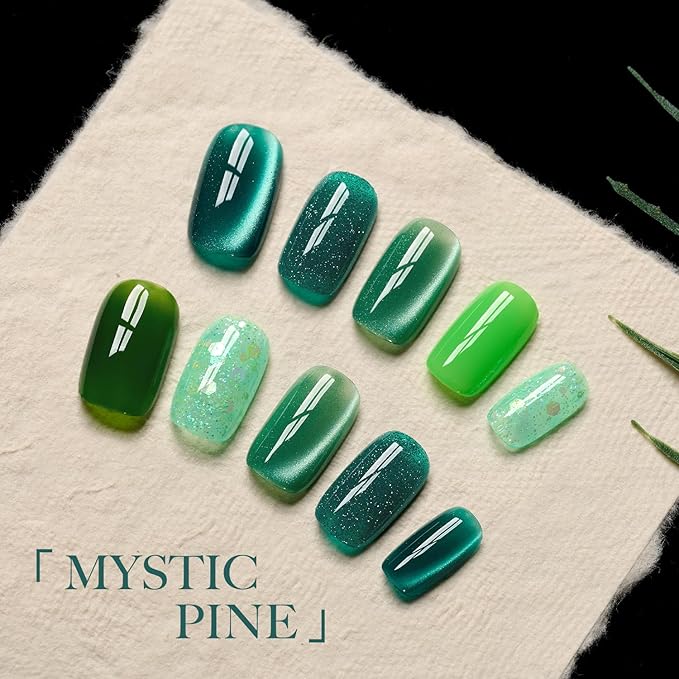 GAOY Green Cat Eye Gel Nail Polish with Magnet, 6 Colors Jelly Glitter Emerald Shades for DIY Manicure and Nail Salons Requires UV Curing