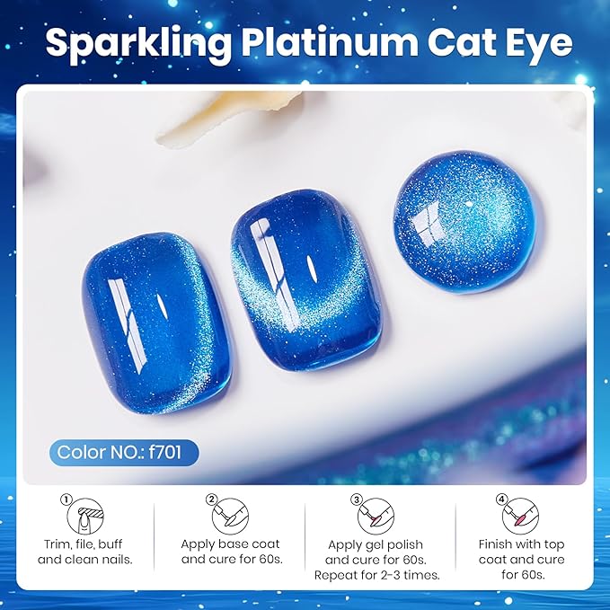 Beetles Blue Cat Eye Gel Polish, 15ML Cat Eye Glitter Gel Polish with Magnet Soak Off UV Shimmer Velvet Gel Stellar Blue Series French Nail Art Manicure Gifts for Women