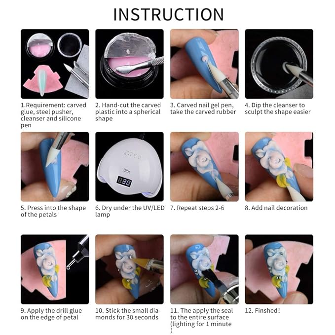 12 Color 3D Nail Sculpting Gel Set – Professional Carving Gels for Nail Art Design, Soak Off Polish Decoration, Flower Patterns & Precision Modeling Tools for Adults
