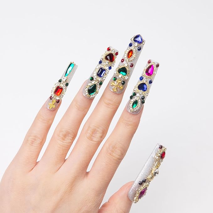 LOVFUL Press on Nails Treasure Trove Rhinestone | Handmade with Full Covered Crystals | Reusable Full Cover Nails | Square Mid length 1.7 in | H103-L