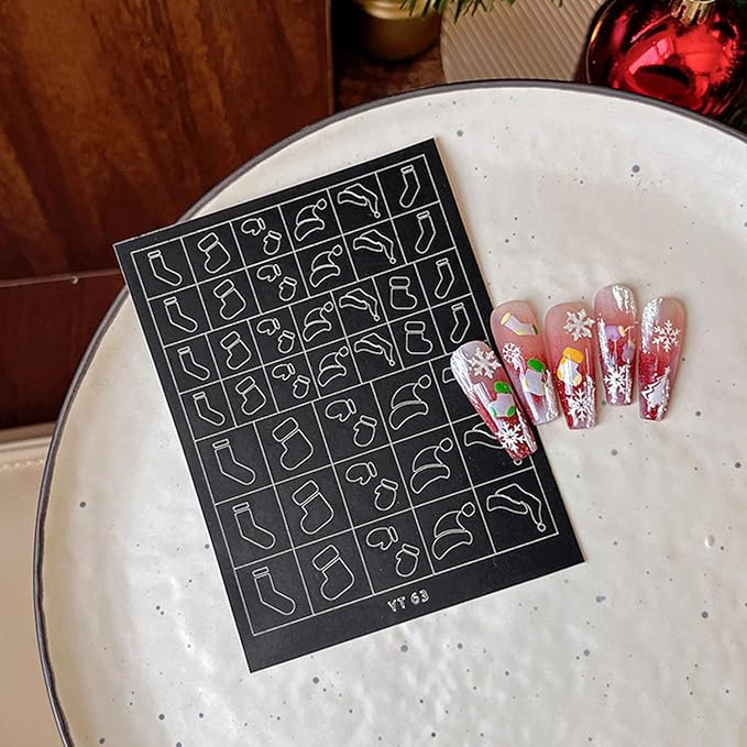 Christmas Nail Stickers Airbrush Stencils Stickers for Nail Art Self Adhesives with Snowman Snowflower Deer Bell Wreath Socks Designs Supplies Design Nail Guide for Manicure Nails Decoration 6 Sheets