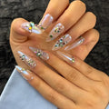 Handmade Medium Press On Nails Almond, Colorful Rhinestones Acrylic Nails,Luxury Nail Press On with Charm Design for Daily&Party Wear(Encounter Rainbow Design Concept）