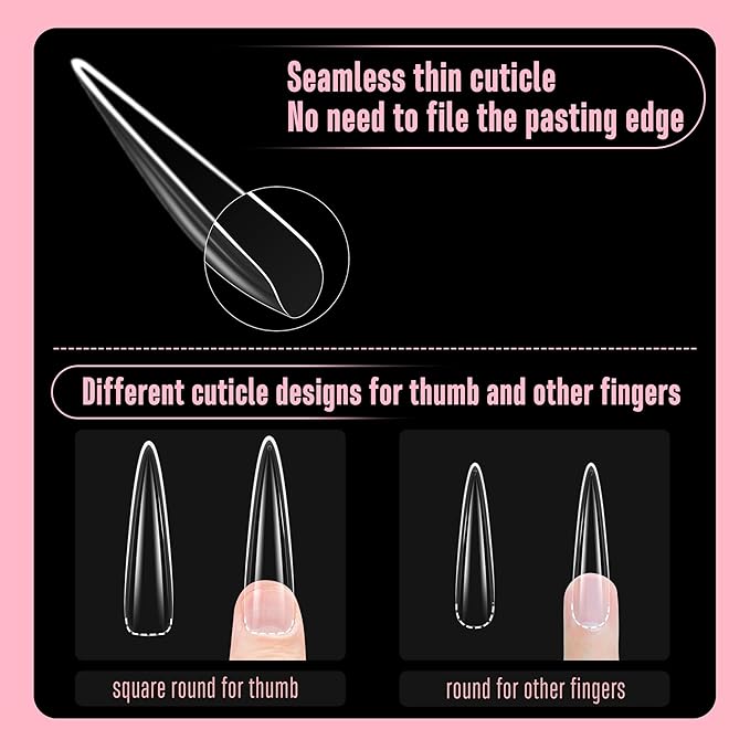 NOVO OVO Halloween Sculpted XXL Stiletto Almond Nail Tip for Curved Nail Beds, Extra Thick Long False Nails Press on, Full Cover Soft Gel Extension Fake Nail for Acrylic kit, Clear X 15 Sizes 300pcs