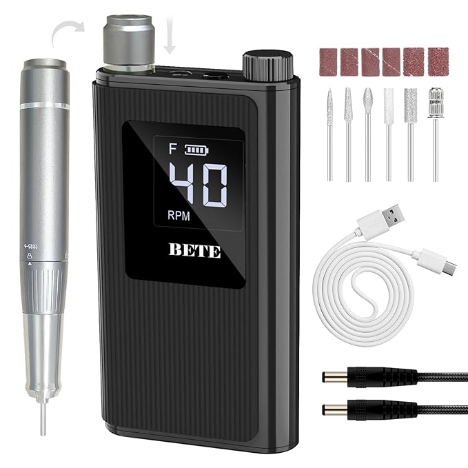 BETE Professional Nail Drill, 40000 RPM Cordless Electric Nail File Kit with 6 Bits, Rechargeable Efile for Acrylic Gel Nails Polishing, Manicure Tools for Salon Home Use, Black