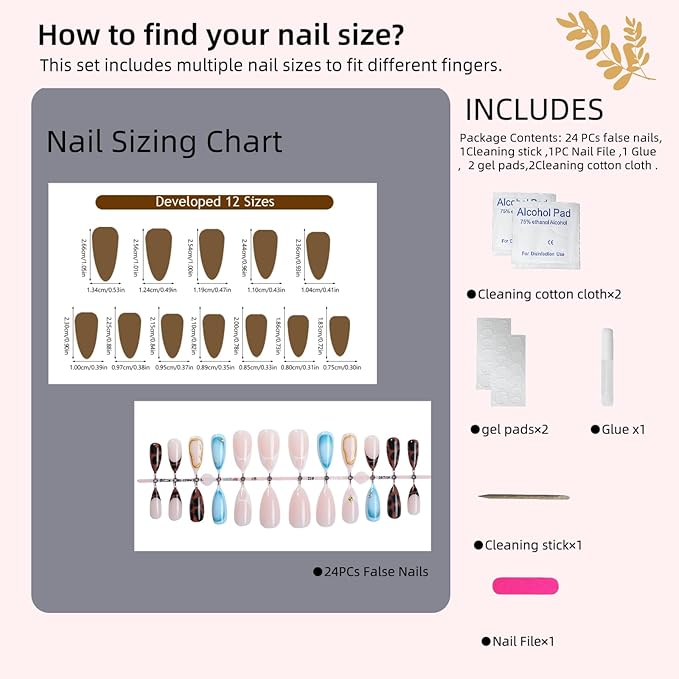 Press-On Nails Set - Almond Shape, Pink Blue Leopard Design with Gold Accents, Reusable Adhesive Nails for Women