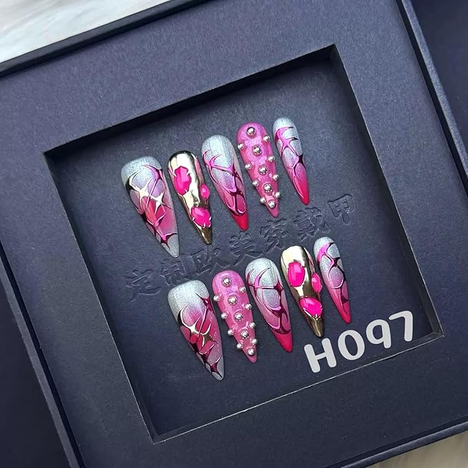 Handmade Press on Nails Long Stiletto Fake Nails Ombre Red False Nails Silver Foil Rhinestone Glue on Nails Reusable Full Cover Halloween Nail for Women Girls Manicure 10PCS Size L