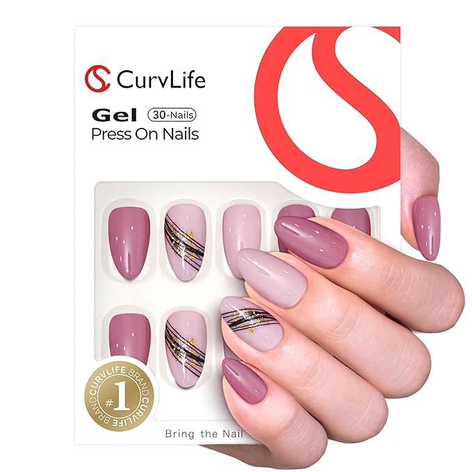 Curvlife Press On Nails – 30PCS Full Cover False Natural Fit Soft Gel Fake Nails Tips, Easy to Apply at Home Glue On False Nails Kit (Minimal Line Almond, Medium)